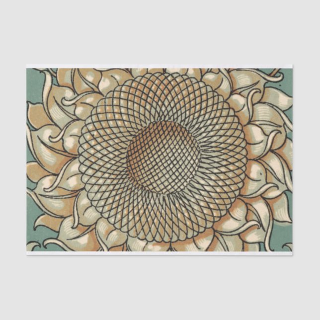 Papel De Seda El florecimiento del girasol en el fondo azul-verd (Anverso)