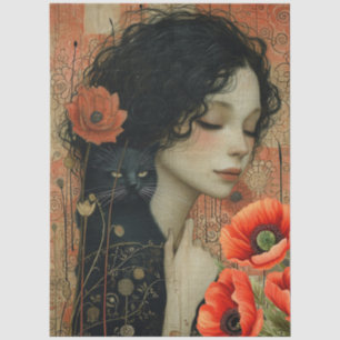 Papel De Seda El gato Chica victoriano gato Luna Rojo Poppies Re