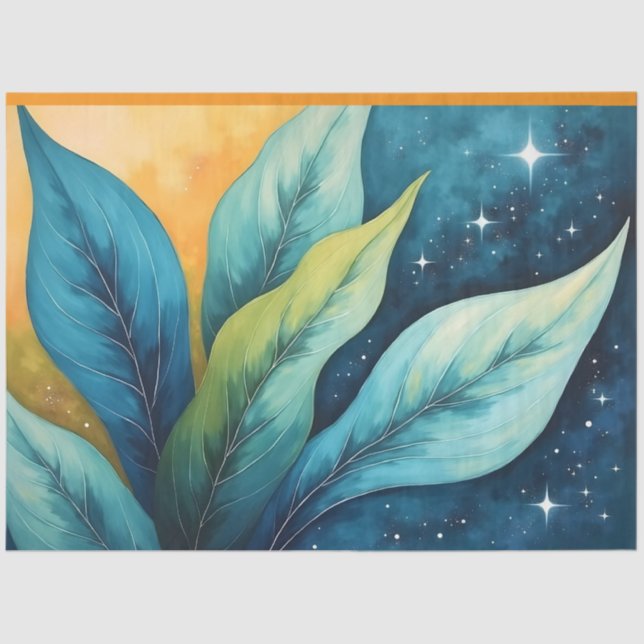 Papel De Seda El verde azul deja el sol dorado y las estrellas (Anverso)