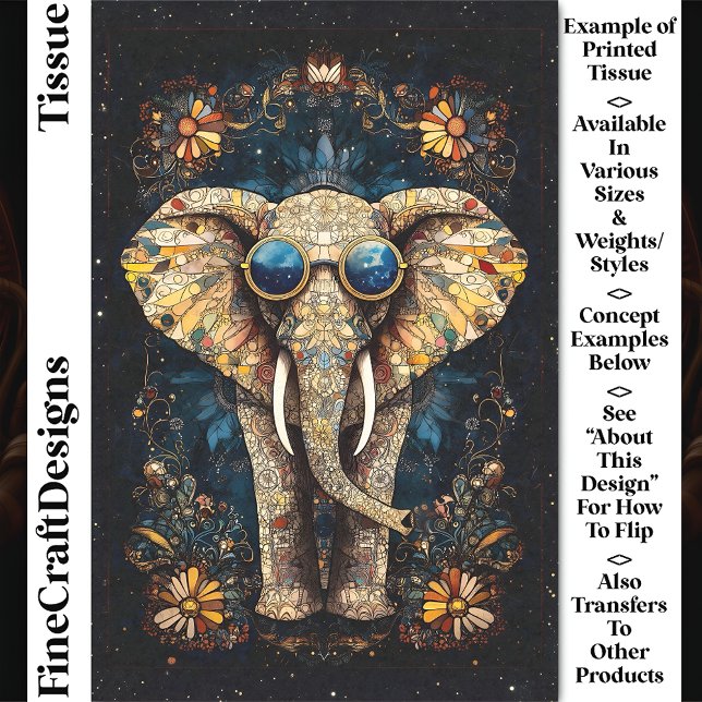 Papel De Seda Elefante Mosaico Boho, Gafas de Sol, Decoupage CP9 (Subido por el creador)