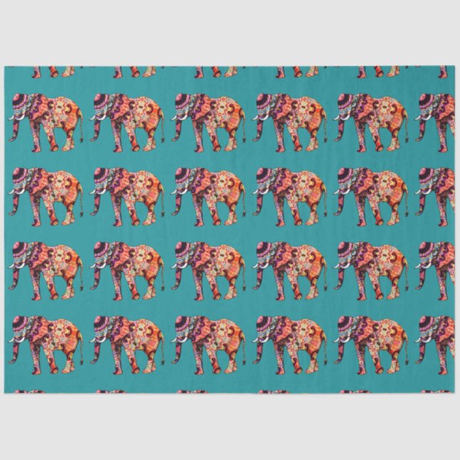 Papel De Seda Elefante multicolor de fondo Verde azulado (Anverso)
