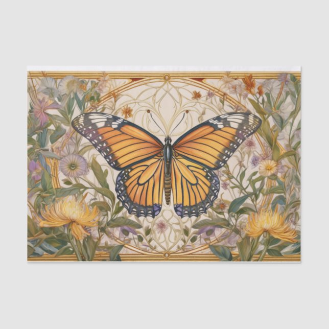 Papel De Seda Elegancia de mariposa monarca, flores silvestres y (Anverso)