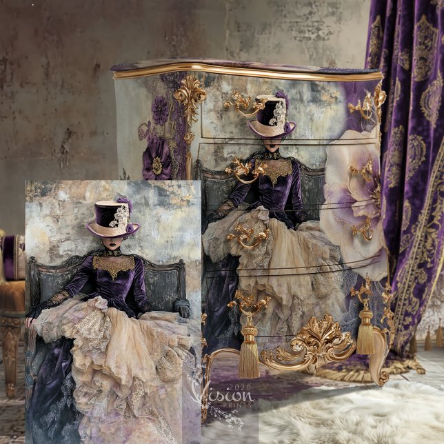 Papel De Seda Elegancia ecléctica Lady Top Hat, Moody Lilac Purp (Shabby Chic, Lady in a top hat, moody purple & lilac, bouffant portrait art decoupage tissue paper.)