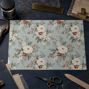 Papel De Seda Elegancia Floral Invernal, Blanco y Rojo sobre Gri