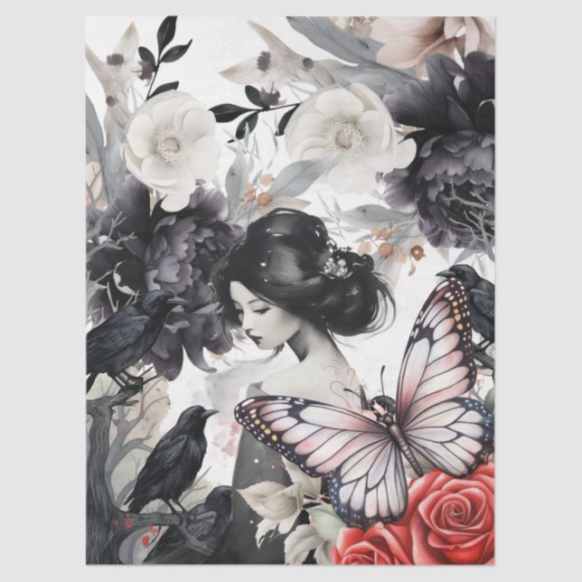 Papel De Seda Elegant Asian Girl Raven Butterfly Decoupage (Anverso)