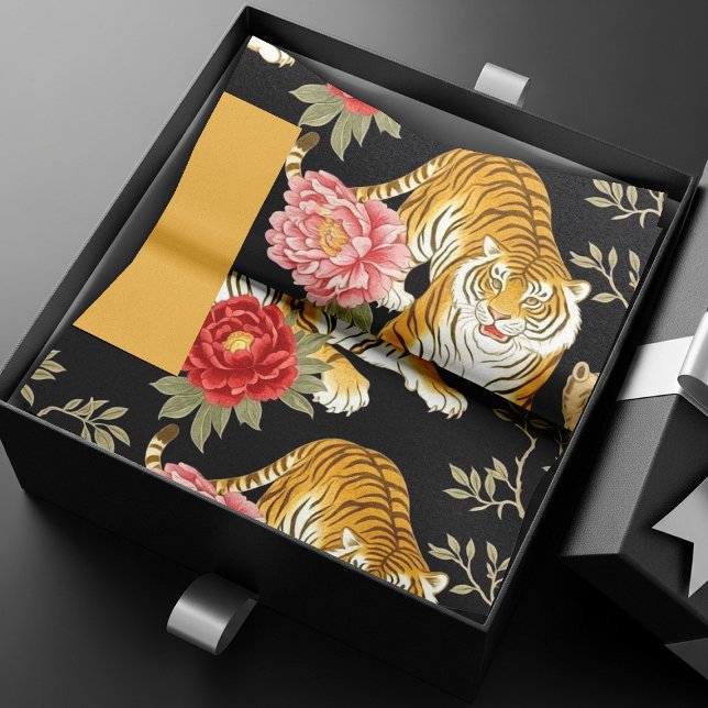 Papel De Seda Elegant Black Chinoiserie Tiger and Peony Pattern (Subido por el creador)