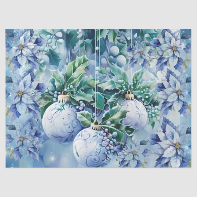 Papel De Seda Elegant Blue Christmas Floral Balls Decoupage (Anverso)
