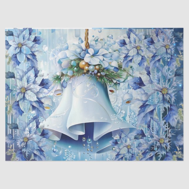 Papel De Seda Elegant Blue Christmas Floral Bells Decoupage (Anverso)