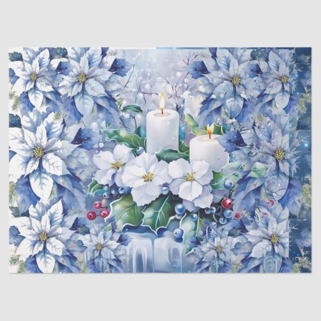 Papel De Seda Elegant Blue Christmas Floral Candles Decoupage (Anverso)