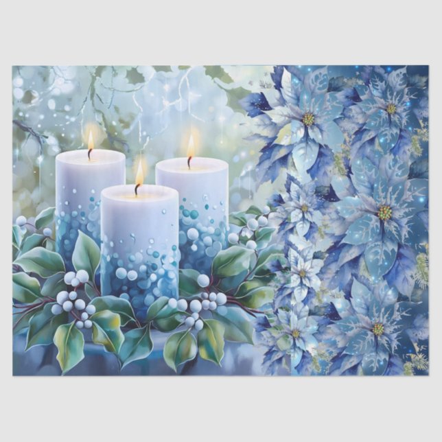 Papel De Seda Elegant Blue Christmas Floral Candles Decoupage (Anverso)