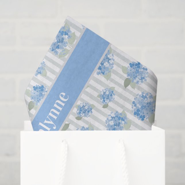 Papel De Seda Elegant Blue Hydrangea Pattern Gray Stripe Name (Bolsa de regalo)