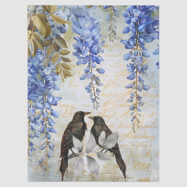 Papel De Seda Elegant Blue Wisteria & Ravens Decoupage Paper (Anverso)