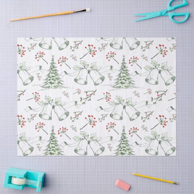 Papel De Seda Elegant Christmas Bells & Holly Sketch  (Artesanía)