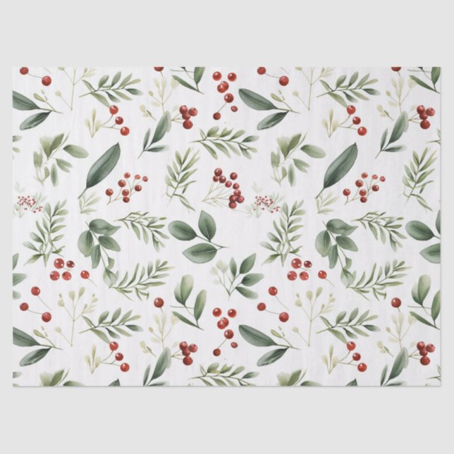 Papel De Seda Elegant Christmas Greenery & Red Berries Holiday (Anverso)