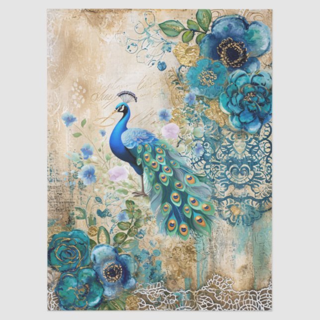 Papel De Seda Elegant Distressed Teal Blue Florals & Peacock (Anverso)