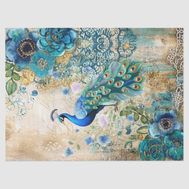Papel De Seda Elegant Distressed Teal Blue Florals & Peacock (Anverso)