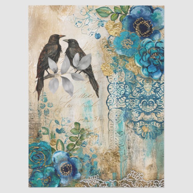 Papel De Seda Elegant Distressed Teal Blue Gold Florals & Ravens (Anverso)