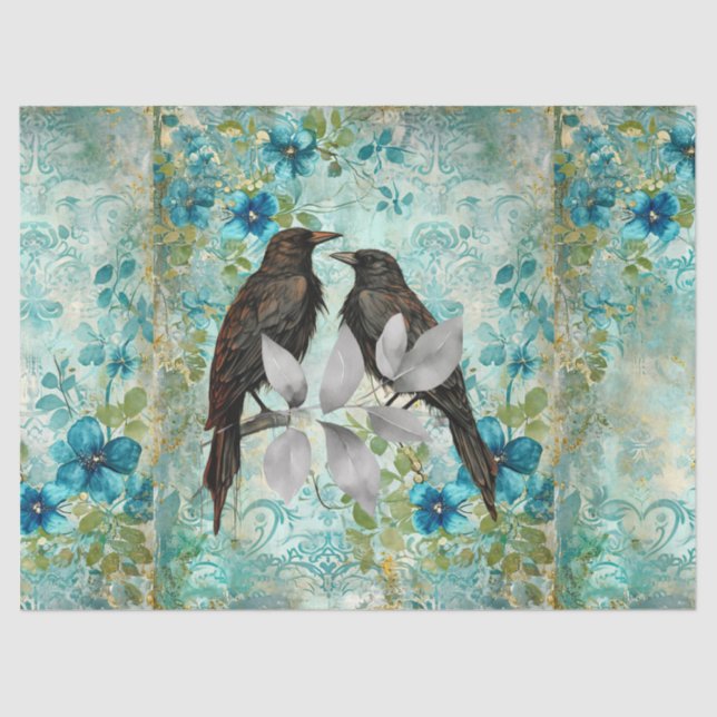 Papel De Seda Elegant Distressed Teal Floral & Ravens (Anverso)