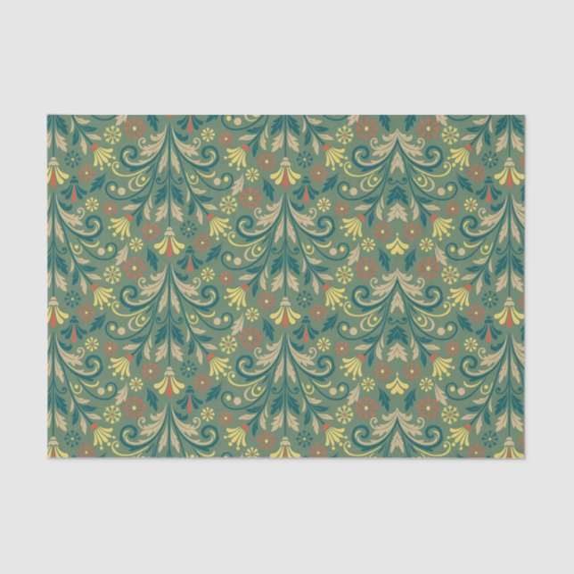 Papel De Seda Elegant Floral Pattern in Yellow and Red on Green (Anverso)