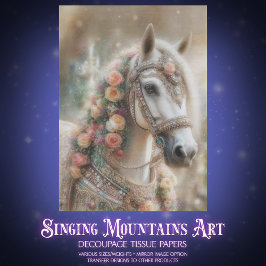 Papel De Seda Elegant Floral White Horse Cottagecore Decoupage