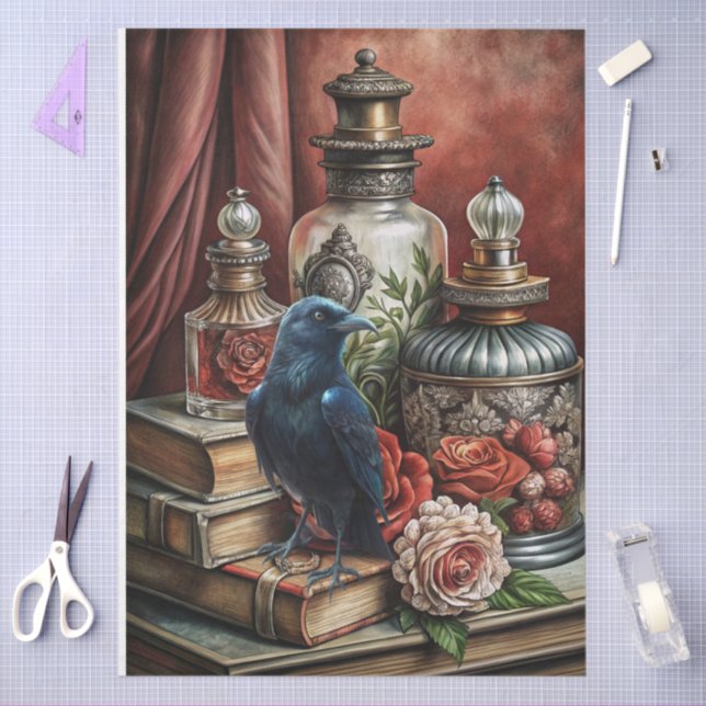 Papel De Seda  Elegant Gothic Floral & Raven Furniture Decoupage (Artesanía)