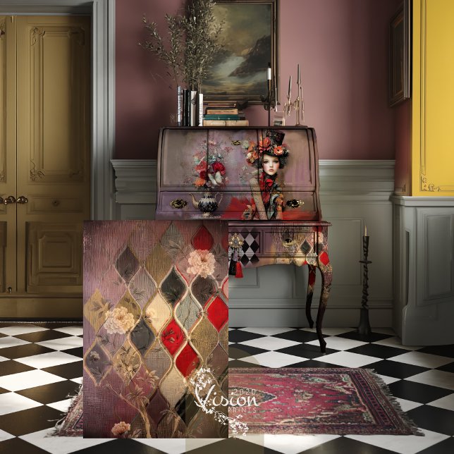 Papel De Seda Elegant Hatter Harlequin Diamond Floral (Decoupage sheet leaning against vintage secretary desk on checkerboard floor with pink Persian rug)