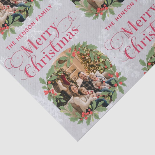Papel De Seda Elegant Holly Wreath Merry Christmas Family Photo (Detalle)