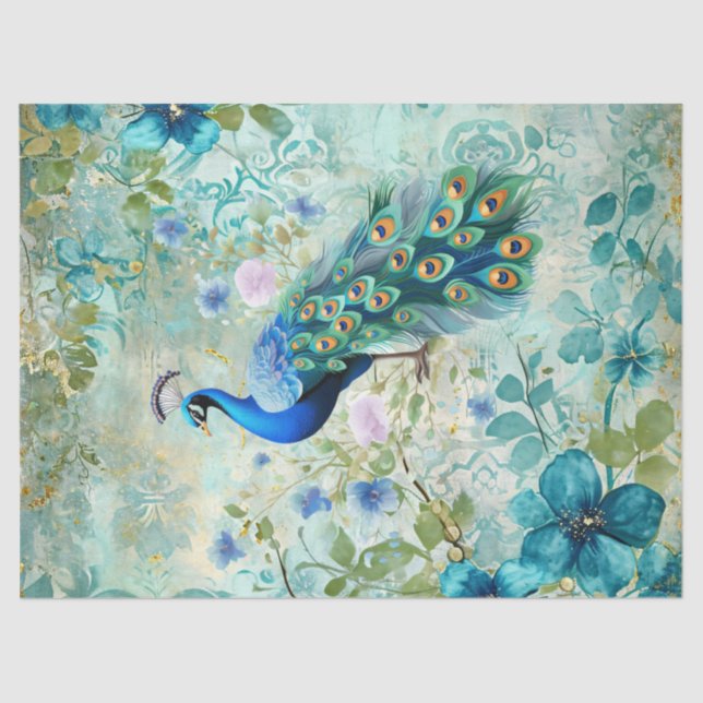Papel De Seda Elegant Peacock Distressed Blue Floral (Anverso)