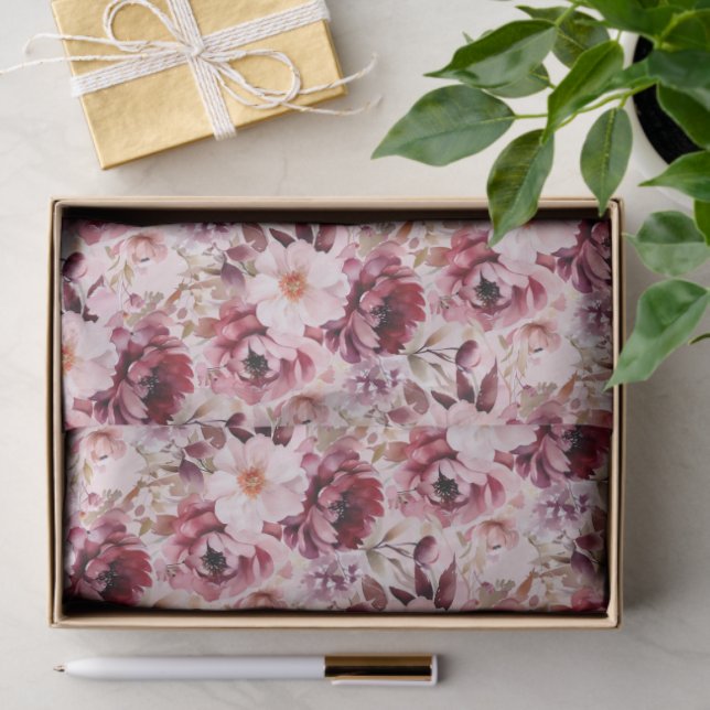 Papel De Seda Elegant Pink Burgundy Floral (Regalo )