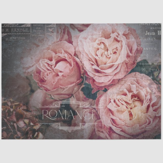 Papel De Seda Elegant Pink Rose Flowers Moody Ephemera Decoupage (Anverso)