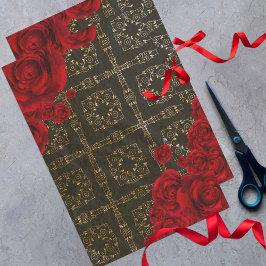 Papel De Seda Elegant Red Roses On Black And Gold Damask Pattern