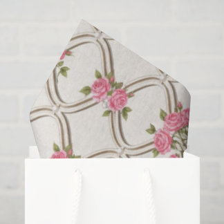 Papel De Seda Elegant Rococo Revival Pink Floral & Beige Lattice