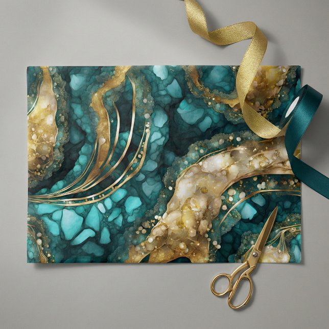 Papel De Seda Elegant Teal Blue Gold Agate Geode Marble Abstract (Subido por el creador)