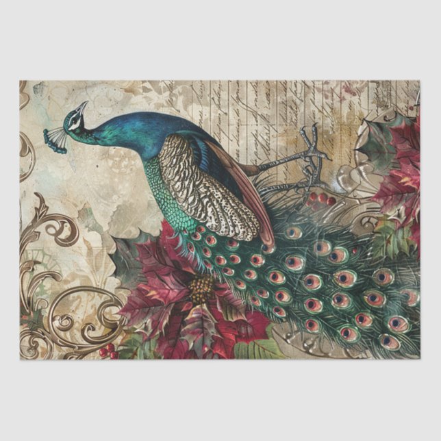 Papel De Seda Elegant Teal Peacock Christmas Decoupage (Anverso)