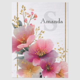 Papel De Seda Elegante acuarela de borde floral rosa con dorado