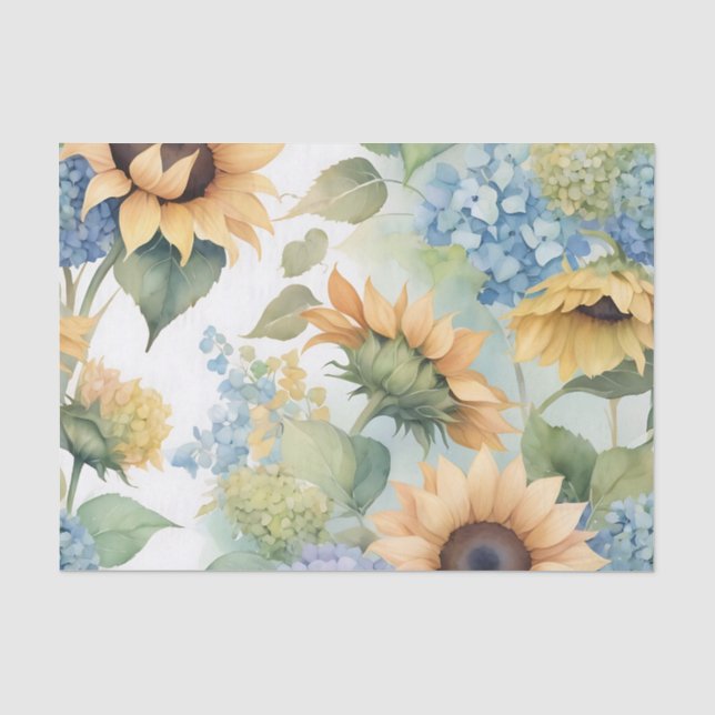 Papel De Seda Elegante acuarela de girasoles e hidrangeas (Anverso)