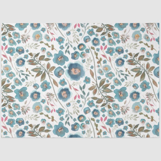 Papel De Seda Elegante acuarela Floral Azul marrón (Anverso)