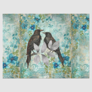 Papel De Seda Elegante afligido floral azul verdoso y cuervos