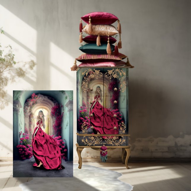 Papel De Seda Elegante bailarina de máscaras soñadora retrato fl (Viva Magenta, Mystery Woman, Floral Archway, Elegant Dress, Vibrant Portrait Art, Decoupage Paper)