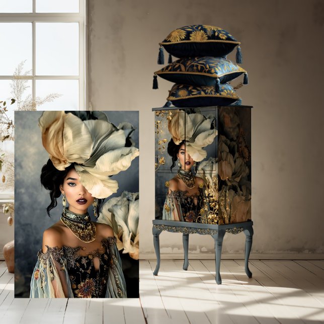 Papel De Seda Elegante Belleza Oscura, Moody Blue Florals (Luxe Blooms, Elegant, Dark Beauty Portrait & Moody Blue Floral, Statement Art, furniture decoupage )