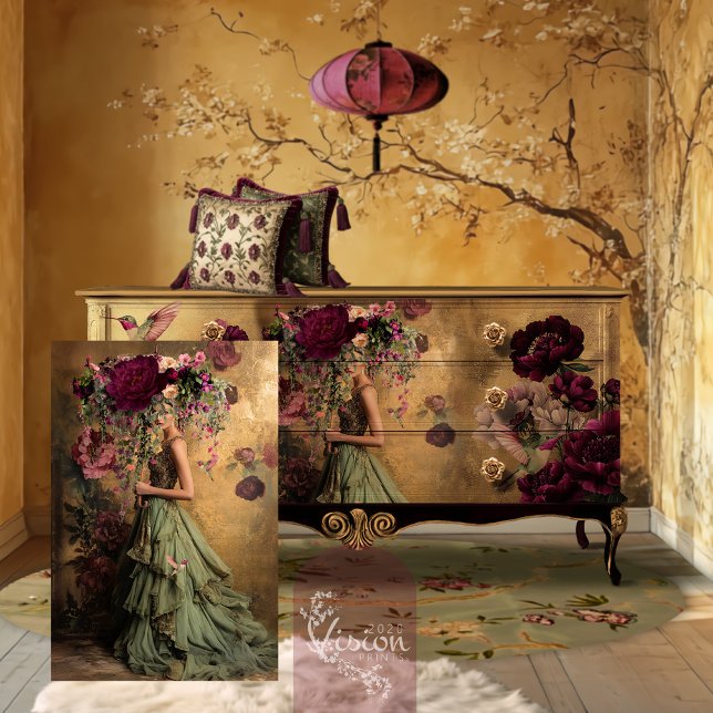 Papel De Seda Elegante Blooms Parasol Retrato Completo (Elegant Blooms Portrait Bird & Floral, Gold leaf effect, Patina Background Decoupage Tissue Paper)