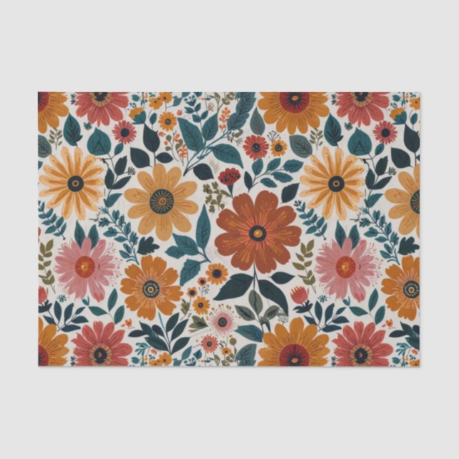 Papel De Seda Elegante Boho Floral Moderno Antiguo Rojo Naranja (Anverso)