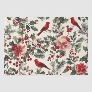 Papel De Seda Elegante cardenal rojo, crema botánica de invierno