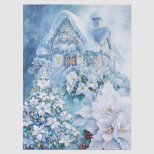 Papel De Seda Elegante Casa de Invierno Escénica Floral Azul