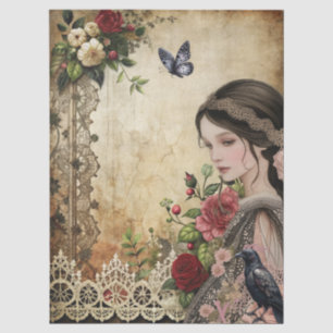 Papel De Seda Elegante Chica Gótico Y Raven En Jardín Rosa