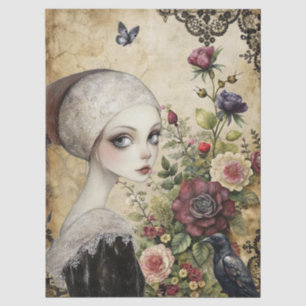 Papel De Seda Elegante Chica Gótico Y Raven En Jardín Rosa