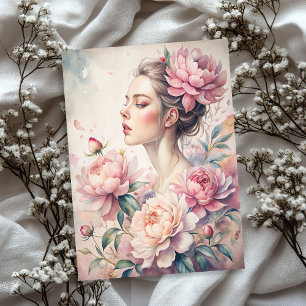 Papel De Seda Elegante chica rubio vintage con peonías rosadas