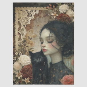 Papel De Seda Elegante Chica único y jardín floral de gato negro
