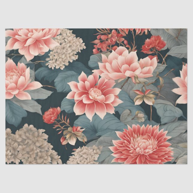 Papel De Seda Elegante Chinoiserie Florals Verde azulado Peach (Anverso)