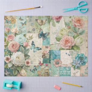 Papel De Seda Elegante Collage floral de Ephemera Cottagecore